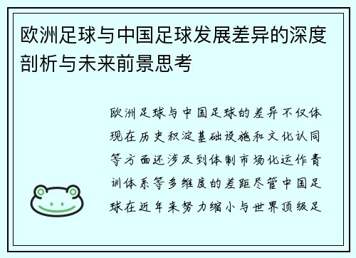 欧洲足球与中国足球发展差异的深度剖析与未来前景思考